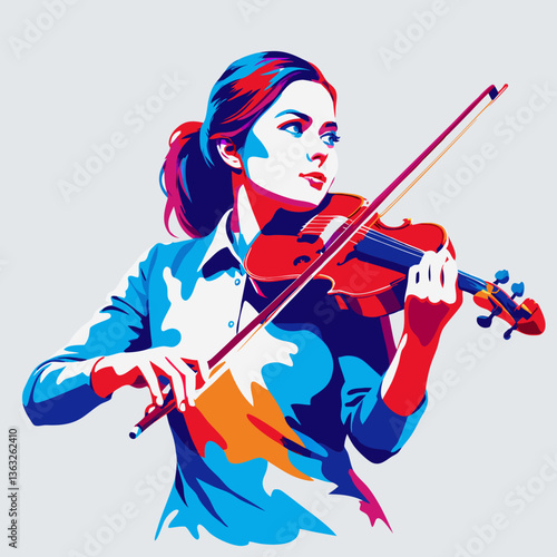 Woman playing violin in artistic mood with colorful pop art background