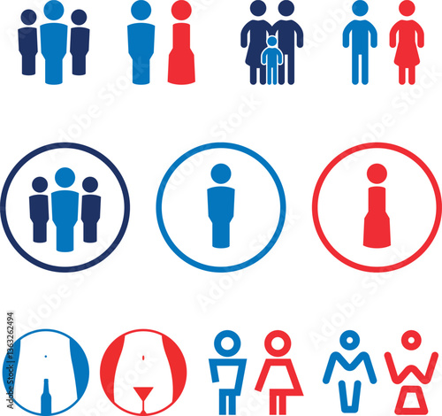 Gruppe, Menschen, Toilette, WC, Mann, Frau, Kind - Icon, Symbol, Zeichen, Set, Sammlung
