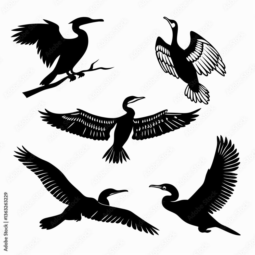 Obraz premium cormorant icon set black silhouette vector bundle