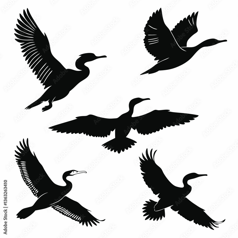 Obraz premium cormorant icon set black silhouette vector bundle