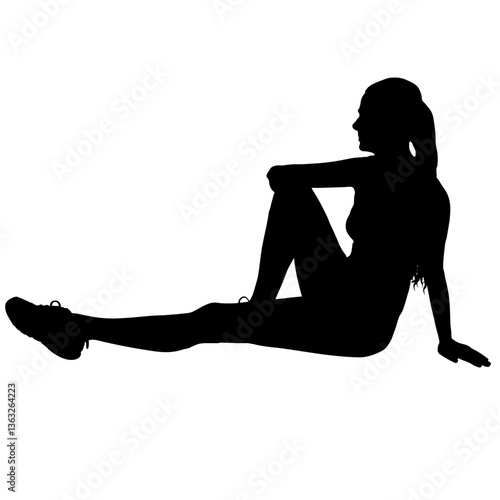 Black silhouette of a young athletic woman sitting and resting after a workout. Vector illustration