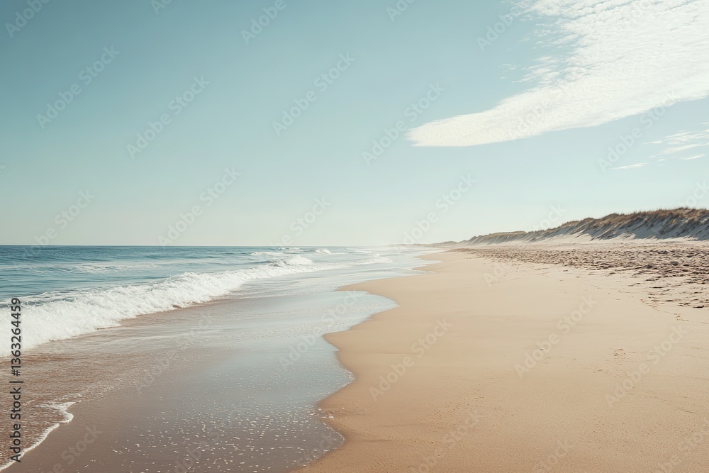 Obraz premium Beautiful sandy beach with gentle waves and clear blue sky in mid-afternoon