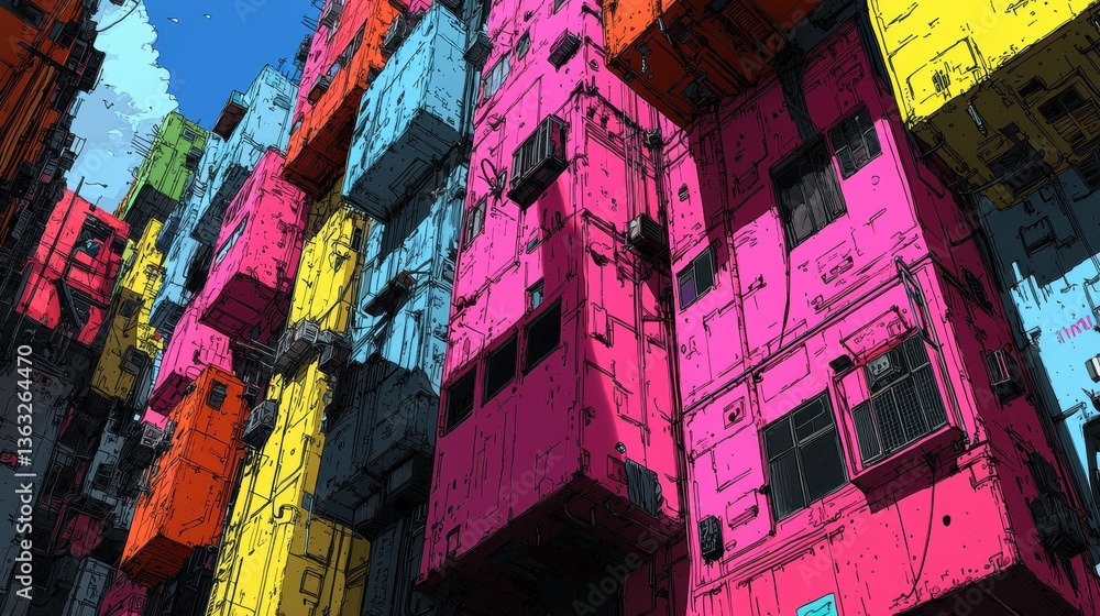 Fototapeta premium A vibrant cityscape, complete with towering cartoon skyscrapers, outlined in a bold black hue, stands majestically against a crisp white backdrop, inviting artists and colorists to bring this