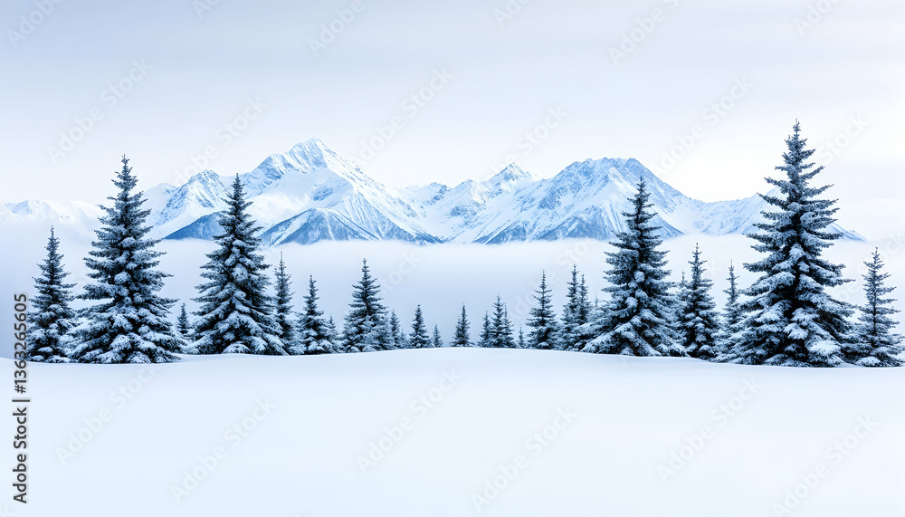 Snow-covered evergreens stand before a majestic, snow-capped mountain range shrouded in mist Snow-covered evergreens stand before a majestic, snow-capped mountain range shrouded in mist