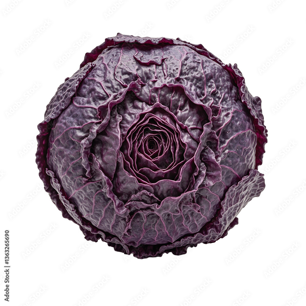 Obraz premium Fresh dark purple cabbage tightly packed with crisp leaves isolated on white Perfect for food and health themed designs