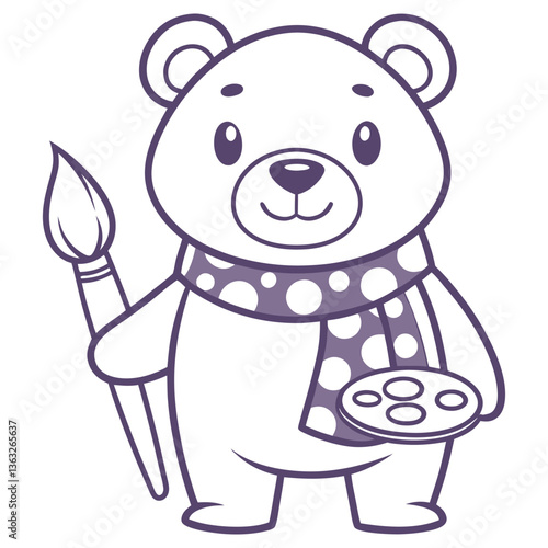 Cartoon Bear Artist Holding a Paintbrush and Palette with Scarf on White