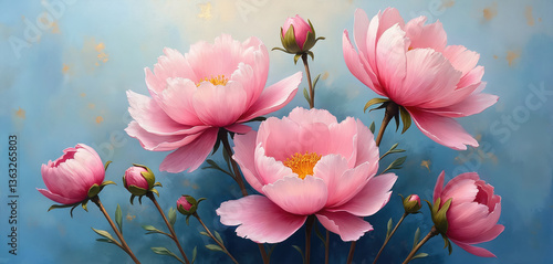 Pink peony flowers oil painting style on abstract blue background. Floral art wall poster for interior decor. Serene blossom, floral bouquet, fresh flower petals, delicate, romantic art.
