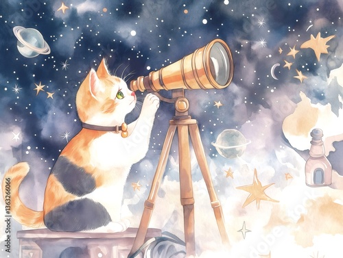 Curious calico cat observing cosmos through telescope in watercolor painting. Generative ai illustrations