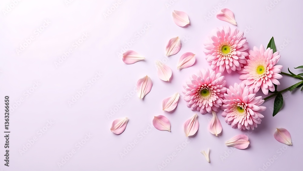 Fototapeta premium Delicate pink chrysanthemums, Soft lavender background