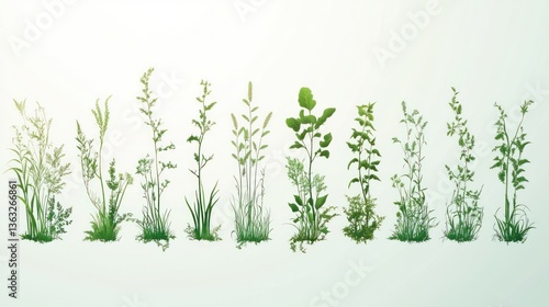 Wallpaper Mural Various types of green plants and grasses presented on a bright background Torontodigital.ca