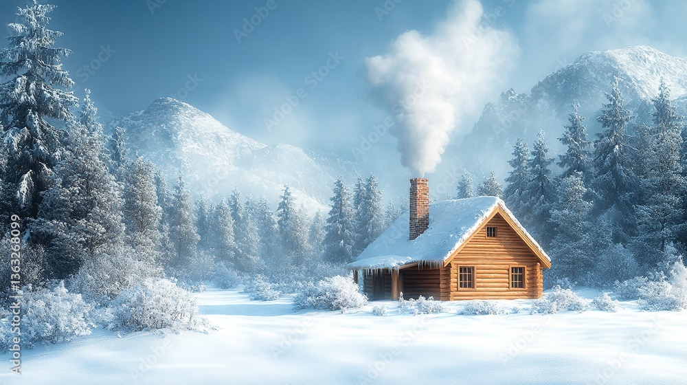 Cozy Cabin in the Snow with Smoke from Chimney and Green Forest Backdrop Cozy Cabin in the Snow with Smoke from Chimney and Green Forest Backdrop