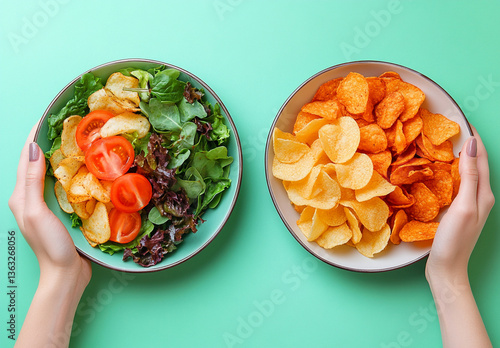 
Two hands holding a salad of different fruits in a plate and potato chips in a plate. Photo symbolizing the choice between healthy food and fast food, on a flat color background, high resolution. 