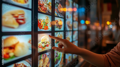 Close-up of interactive digital menu on the wall displaying various fast food and light-colored dishes. A woman's hand reaches out to select one with her index finger. 