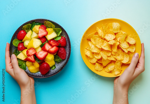 
Two hands holding a salad of different fruits in a plate and potato chips in a plate. Photo symbolizing the choice between healthy food and fast food, on a flat color background, high resolution. 