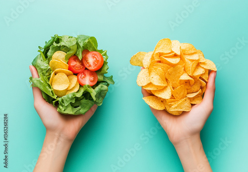 
Two hands holding a salad of different fruits in a plate and potato chips in a plate. Photo symbolizing the choice between healthy food and fast food, on a flat color background, high resolution. 