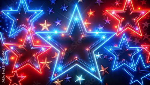 Bright Neon Stars in Red, White, and Blue Against Dark Background  