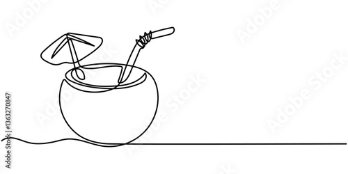 Continuous one line drawing of Beach cocktail linear coconut drink. Thin hand drawn illustration. Pina colada cocktail, Continuous one line drawing whole and sliced healthy sweet organic coconut.