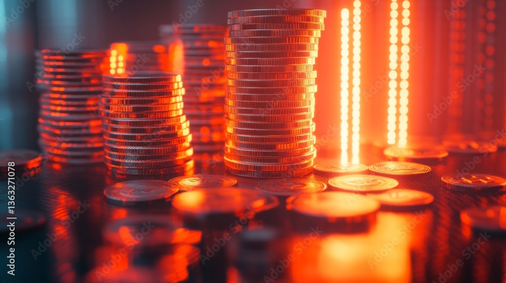 Stacked coins in ascending order with a glowing arrow pointing upwards, symbolizing economic expansion generative ai Stacked coins in ascending order with a glowing arrow pointing upwards, symbolizing economic expansion generative ai