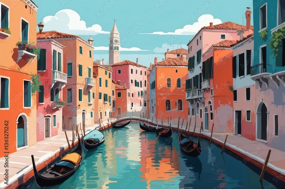 Obraz premium Colorful gondolas glide through the tranquil canals of Venice, showcasing the vibrant architecture and serene waters at midday