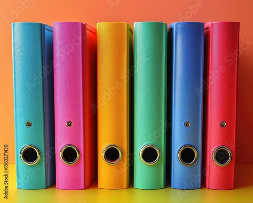 Colorful binders arranged on a bright background, perfect for office organization