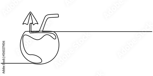 Continuous one line drawing of Beach cocktail linear coconut drink. Thin hand drawn illustration. Pina colada cocktail, Continuous one line drawing whole and sliced healthy sweet organic coconut.