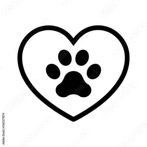 Pet paw in line heart vector logo flat symbol on white background. Cat or dog paw, love animal silhouette icon. Veterinary medicine concept.	