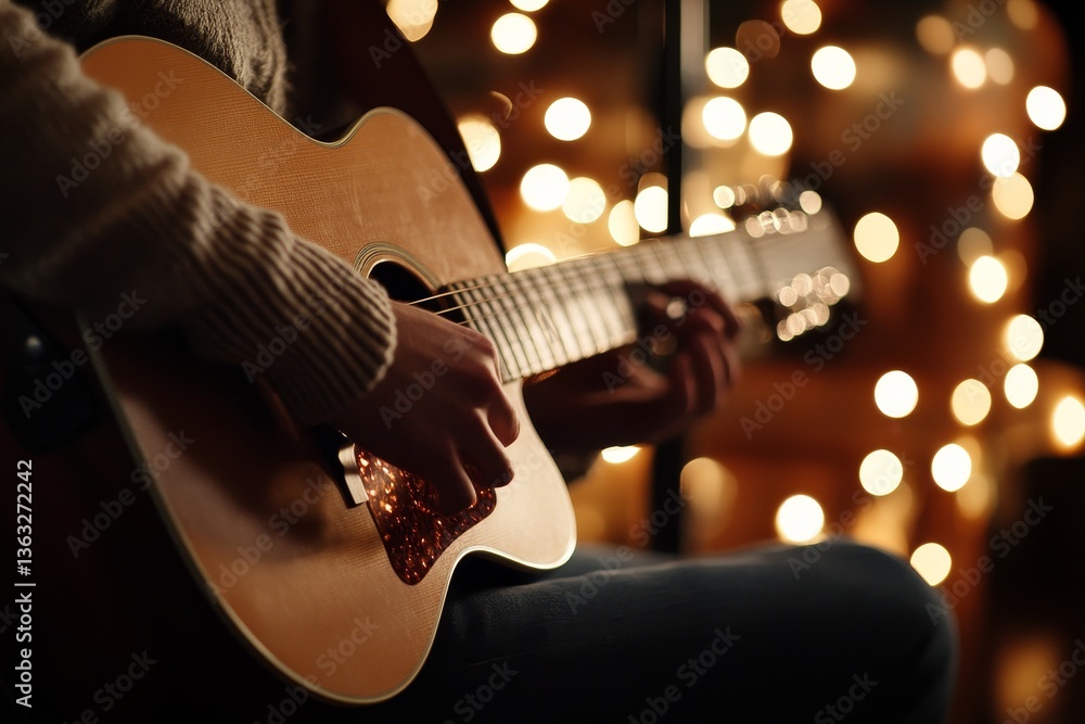 Fototapeta premium The stage features a guitarist in the background with a soft and blurred effect
