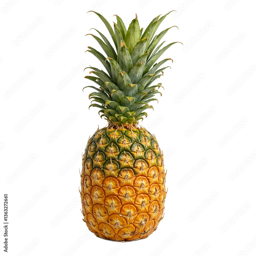 Fototapeta premium Fresh pineapple with vibrant green top golden skin enticing tropical vibes on a white background