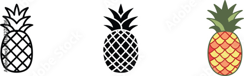 Pineapple Icons Line Art, Solid Black, Colorful Fruit Design