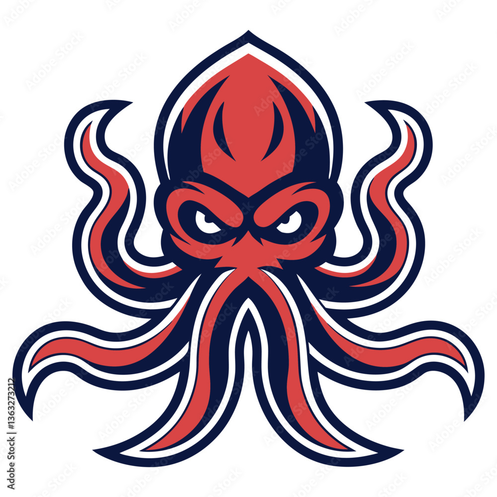Obraz premium Red Navy Octopus Mascot with Menacing Eyes, Tentacles, White Background,