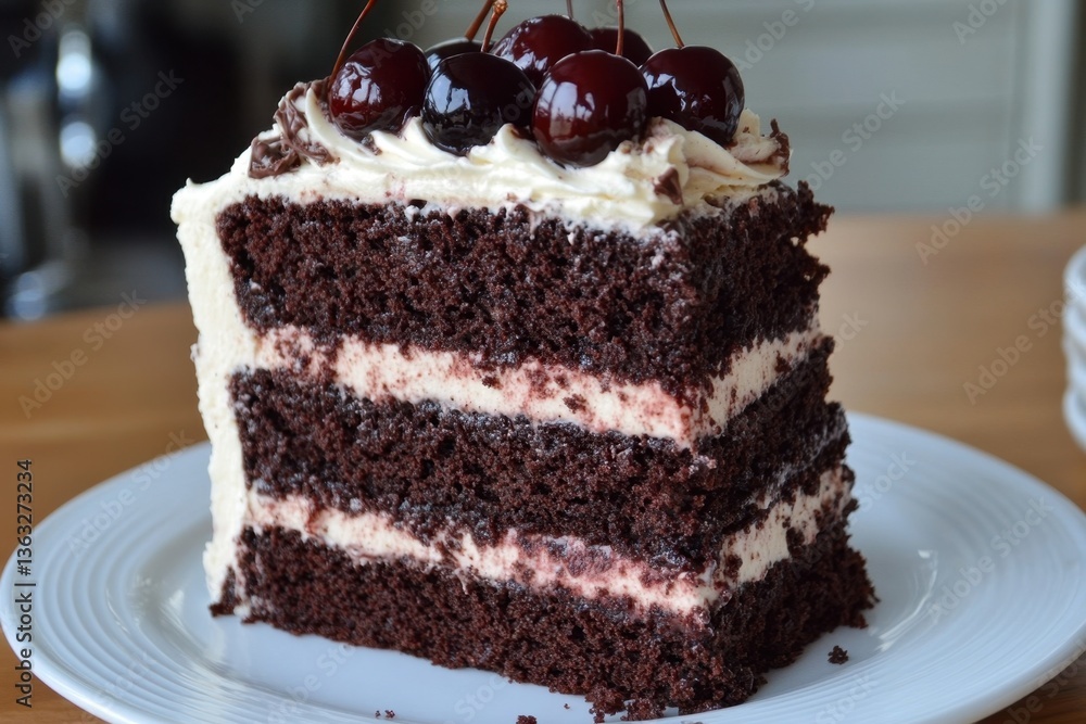 Decadent Black Forest Gateau Slice with Cherries Cream Layers and Chocolate Cake on Plate Indulgent Dessert Close Up Food Photography Decadent Black Forest Gateau Slice with Cherries Cream Layers and Chocolate Cake on Plate Indulgent Dessert Close Up Food Photography