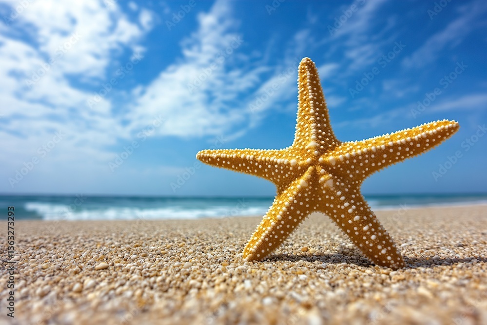 Starfish standing on sandy beach under a bright blue sky at shoreline Starfish standing on sandy beach under a bright blue sky at shoreline