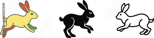 Three Bunny Rabbit Illustrations Color, Black, White Hare Designs