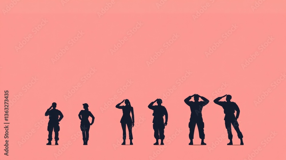 Obraz premium minimalist flat design illustration showing diverse armed forces personnel saluting with patriotic symbolism showcasing