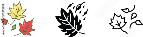 Falling Autumn Leaves Colorful Maple, Black Silhouette, and Line Art