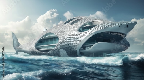 Futuristic whale-shaped building floating on ocean with textured exterior and large windows
