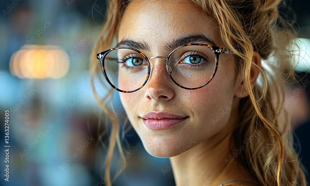 Young woman with glasses smiling at the camera in a vibrant cafe with blurred background activity Young woman with glasses smiling at the camera in a vibrant cafe with blurred background activity