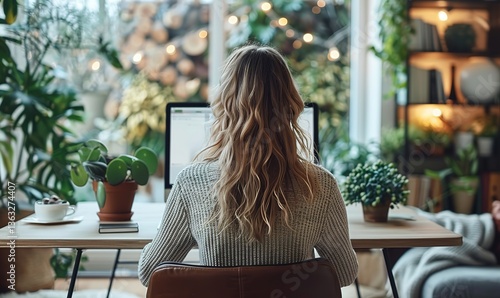 girl working on a laptop, back view