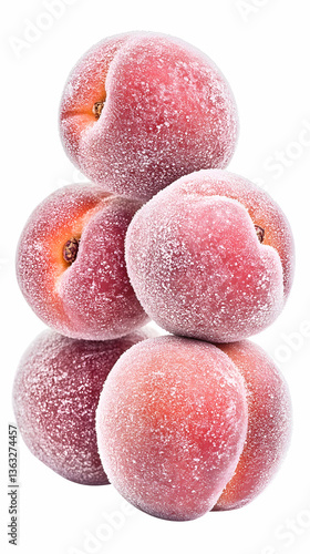 Stack of four frozen peaches with frost