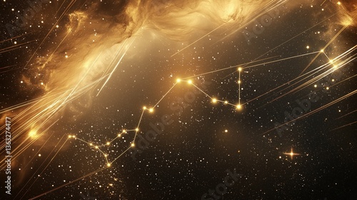 Golden constellation in a cosmic starfield with ethereal light streaks