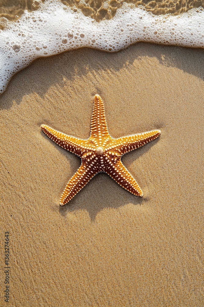 Starfish on smooth sandy beach with gentle waves lapping at its edges Starfish on smooth sandy beach with gentle waves lapping at its edges