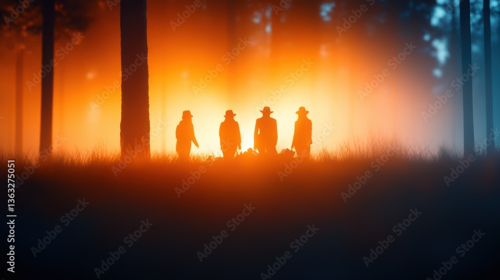 Fototapeta premium Silhouetted figures in forest at sunset with dramatic orange glow