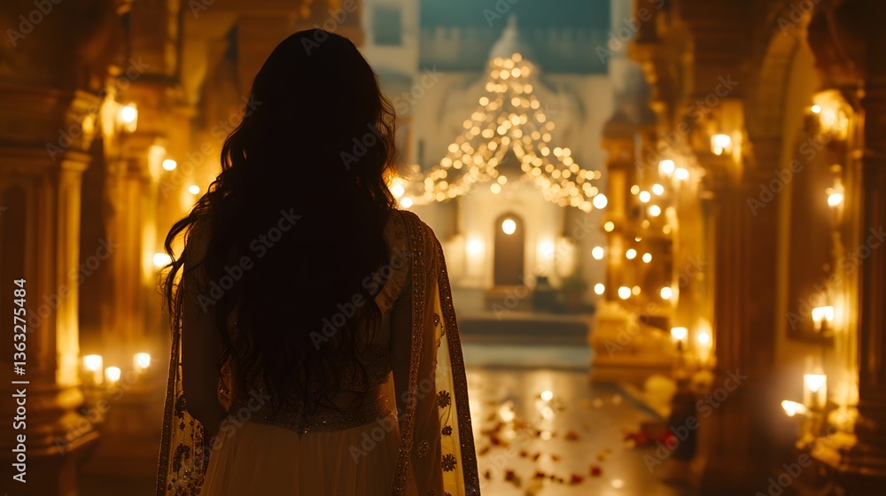 Silhouette of a woman in a flowing gown, standing in a beautifully lit temple at night. Candles and string lights illuminate the scene, creating a magical atmosphere. Silhouette of a woman in a flowing gown, standing in a beautifully lit temple at night. Candles and string lights illuminate the scene, creating a magical atmosphere.
