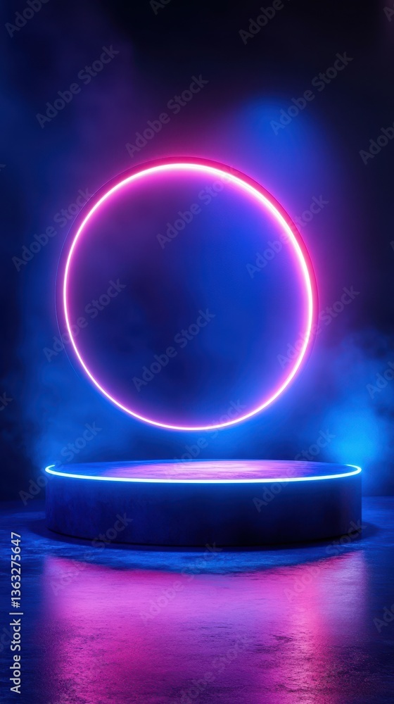 Obraz premium Neon blue and pink circle surrounded by mist at a dimly lit stage