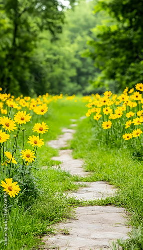 Stone path meandering through a vibrant field of yellow wildflowers, leading into a lush green forest