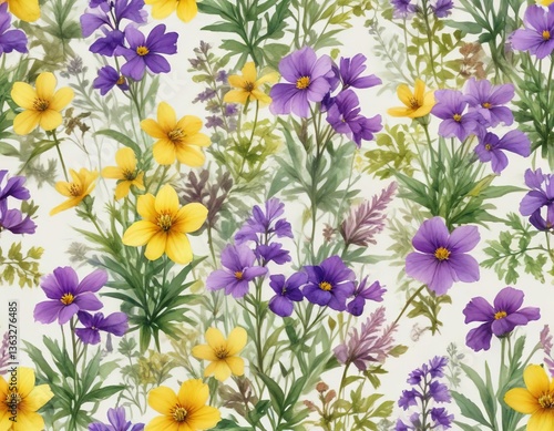 Elegant watercolor painting of purple and yellow wildflowers, garden beauty, colorful blossoms, dreamy, botanical art