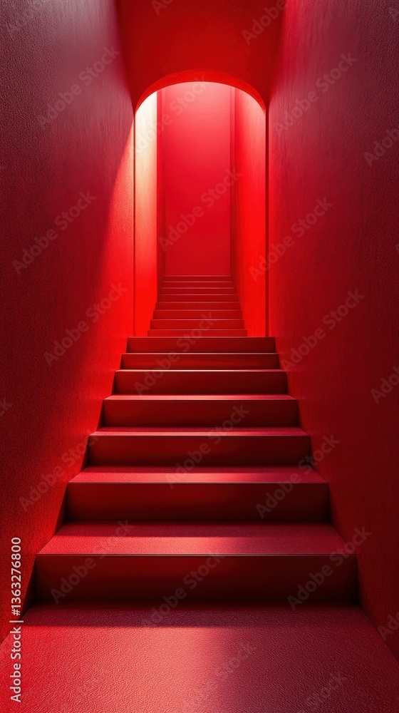 Obraz premium Vibrant red staircase leading to a luminous archway in an abstract architectural space