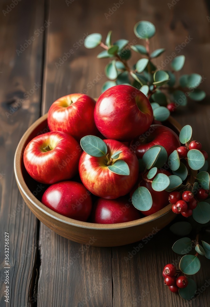 Crimson apples in rustic bowl, eucalyptus & holly sprigs on wood table, visual, wood Crimson apples in rustic bowl, eucalyptus & holly sprigs on wood table, visual, wood