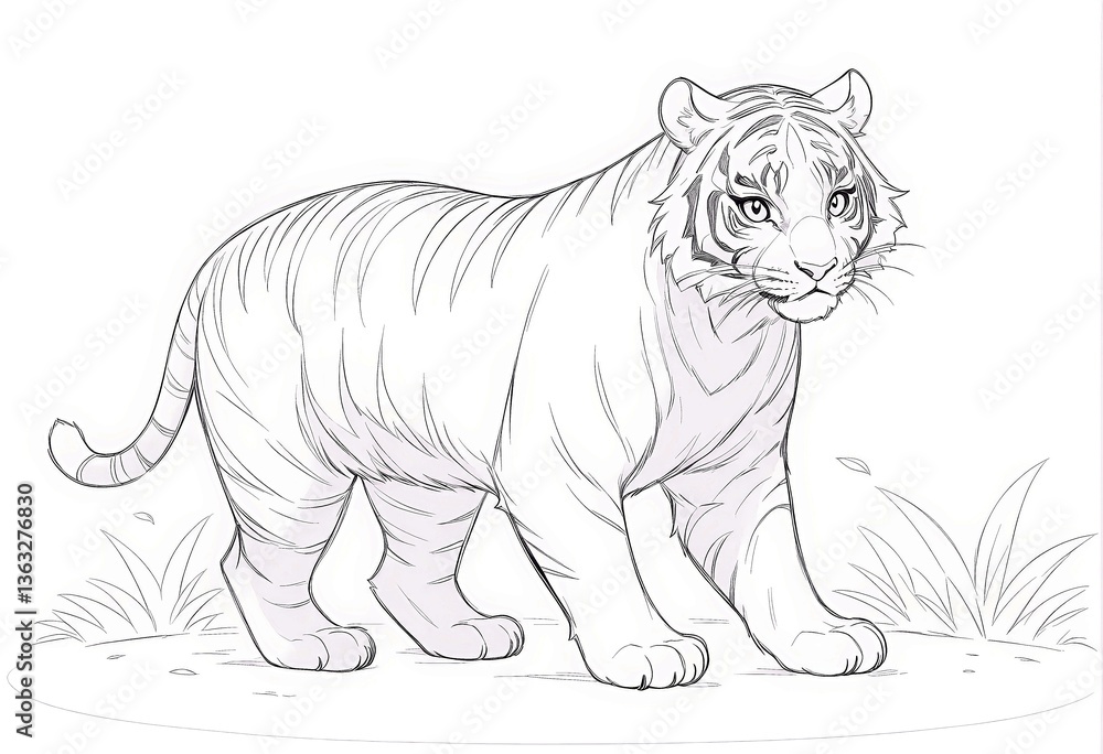 Fototapeta premium White tiger illustration walking through grass 