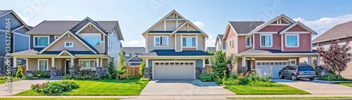 Suburban home exteriors on sunny street. Family home in background, real estate